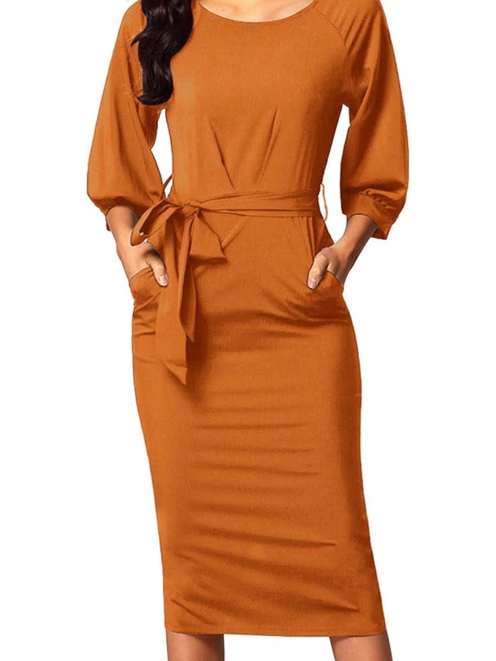 Classic Tie-Waist Midi Dress in Rust